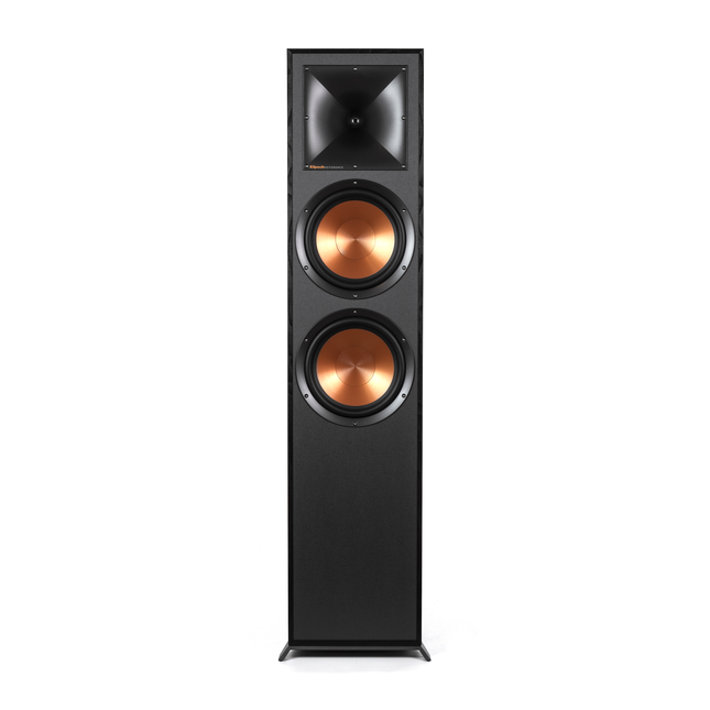 Boxa de podea Klipsch R-820F neagra, vedere frontala fara grila, cu horn Tractrix si doua woofere cupru