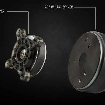 Comparatie de marime intre driverul pe compresie de 1 3/4 inch al RF-7 III si un driver de 1 inch