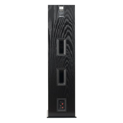 Spatele boxei Klipsch RF-7 III in finisaj Black, cu cele doua porturi Tractrix si bornele duble