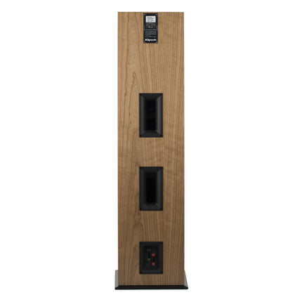 Spatele boxei Klipsch RF-7 III in finisaj Natural Cherry, cu porturile Tractrix si bornele