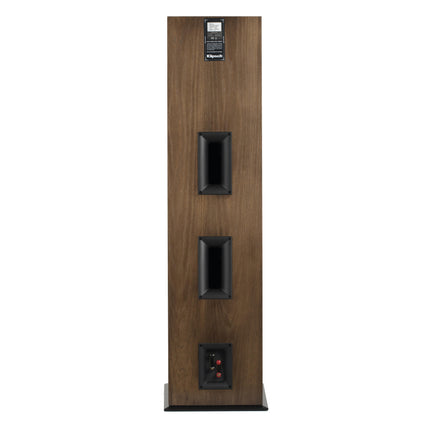 Spatele boxei Klipsch RF-7 III in finisaj Walnut, cu cele doua porturi Tractrix si bornele duble