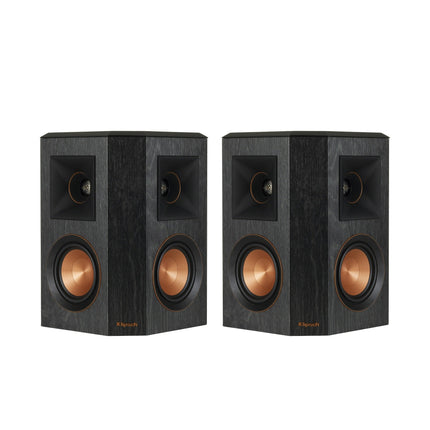 Doua boxe Klipsch RP-402S in finisaj Ebony una langa alta, carcase identice, fara versiune de stanga si de dreapta