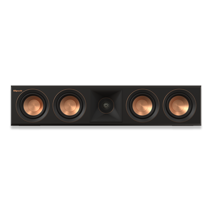 Vedere frontala a boxei Klipsch RP-404C II fara grila, cu patru woofere si tweeterul in centru
