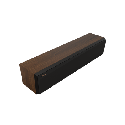 Klipsch RP-404C II Walnut cu grila magnetica montata, vedere din trei sferturi