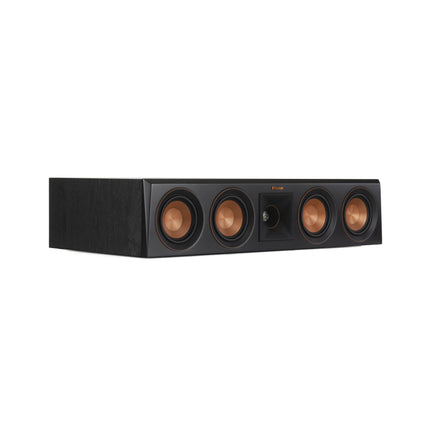 Klipsch RP-404C in finisaj Ebony, vedere din trei sferturi fara grila, cu lateralele in vinil cu textura de lemn si fata vopsita satinat