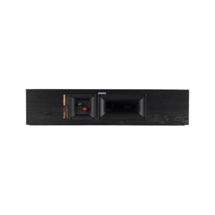Panoul din spate al Klipsch RP-404C: o singura pereche de borne cu surub si gura portului bass-reflex Tractrix