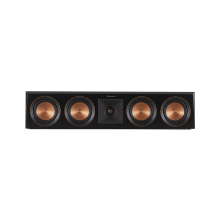 Klipsch RP-404C in finisaj Ebony, vazut din fata fara grila: patru woofere cu con de cupru pe un rand orizontal, cu hornul Tractrix si tweeterul intre ele