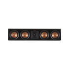 Klipsch RP-404C in finisaj Ebony, vazut din fata fara grila: patru woofere cu con de cupru pe un rand orizontal, cu hornul Tractrix si tweeterul intre ele