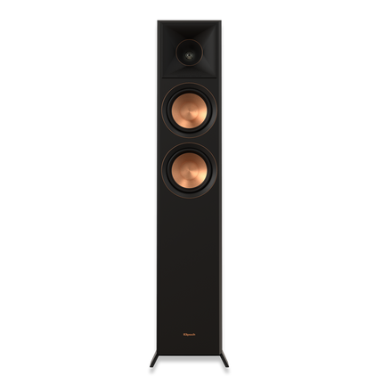 Vedere frontala a boxei Klipsch RP-5000F II in Ebony, cu tweeterul pe horn deasupra celor doua woofere