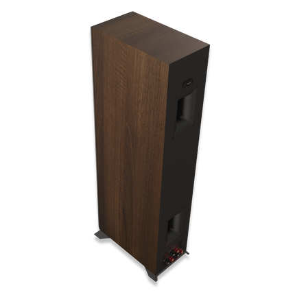 Spatele boxei Klipsch RP-5000F II in finisaj Walnut, cu cele doua porturi Tractrix si bornele de conexiune
