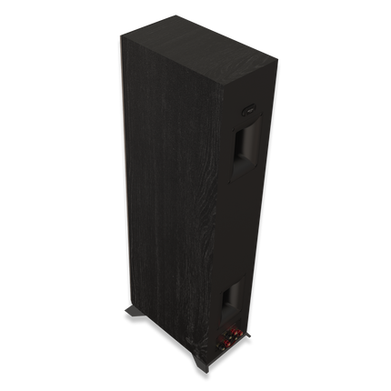 Spatele boxei Klipsch RP-5000F II in finisaj Ebony, cu cele doua porturi Tractrix si bornele de conexiune