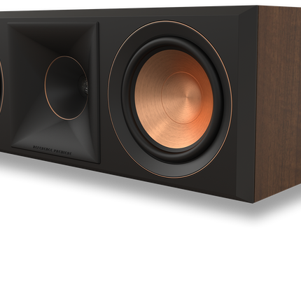 Klipsch RP-500C II in finisaj Walnut, fara grila, cu cele doua woofere Cerametallic vizibile