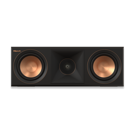 Vedere frontala a Klipsch RP-500C II in Ebony, cu hornul central intre cele doua woofere