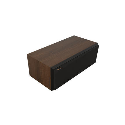 Klipsch RP-500C II Walnut cu grila magnetica montata, vedere din trei sferturi