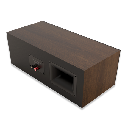 Panoul posterior al Klipsch RP-500C II Walnut, cu portul Tractrix si bornele de aluminiu