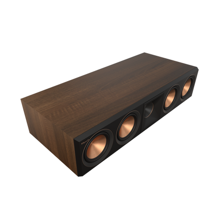 Klipsch RP-504C II in finisaj Walnut, vedere trei sferturi cu grila scoasa