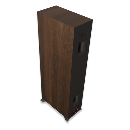 Spatele boxei Klipsch RP-6000F II in Walnut: cele doua porturi Tractrix si placa de borne