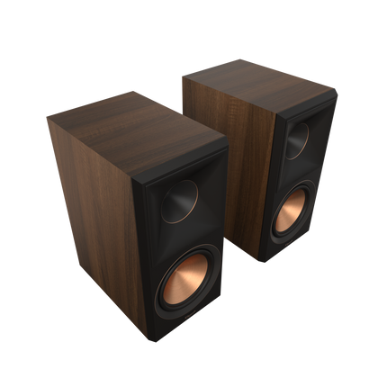 Perechea de boxe de raft Klipsch RP-600M II in finisaj Walnut, fara grile, cu baflu satinat negru