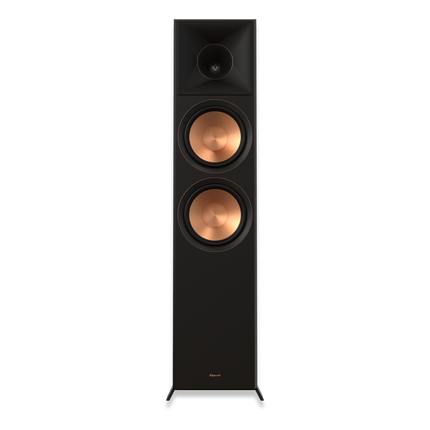 Klipsch RP-8000F II Ebony, vedere frontala, cu hornul Tractrix si cele doua woofere Cerametallic