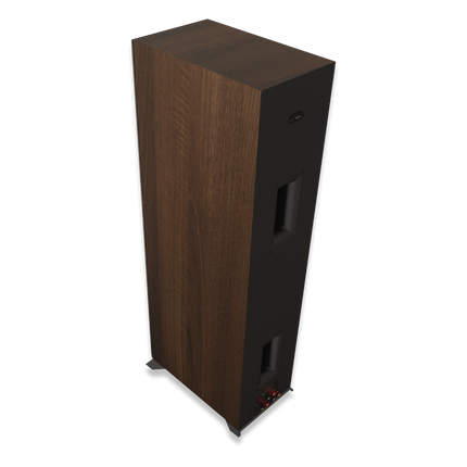 Panoul din spate al Klipsch RP-8000F II, cu cele doua porturi Tractrix, conexiunea Dolby Atmos si bornele duble