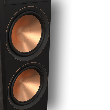 Prim-plan cu cele doua woofere Cerametallic de 8 inch ale Klipsch RP-8000F II