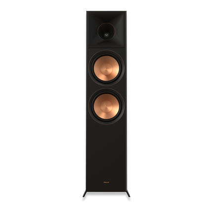 Vedere frontala a boxei Klipsch RP-8060FA II, cu tweeterul pe corn deasupra celor doua woofere de 8"