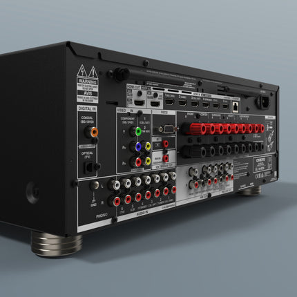 Prim-plan cu conectica din spate a receiverului Onkyo TX-RZ30: intrari audio, pre-out si borne de difuzoare