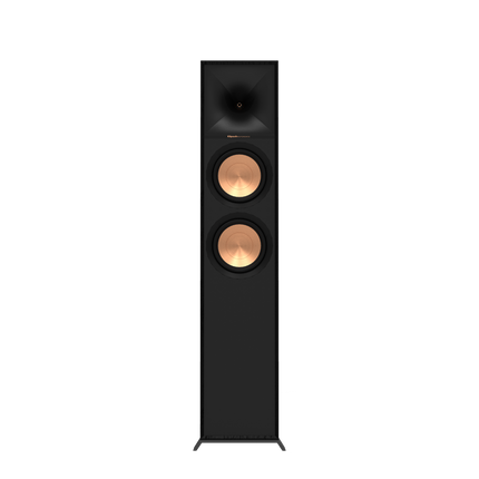 Vedere frontala a boxei Klipsch R-600F fara grila, cu hornul Tractrix sus si cele doua woofere de 6,5 inch dedesubt