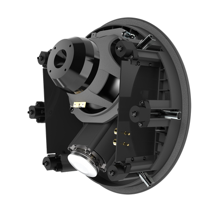 Spatele deschis al boxei JBL Synthesis SCL-5, cu motorul woofer-ului, driverul cu compresie si bornele aurite vizibile