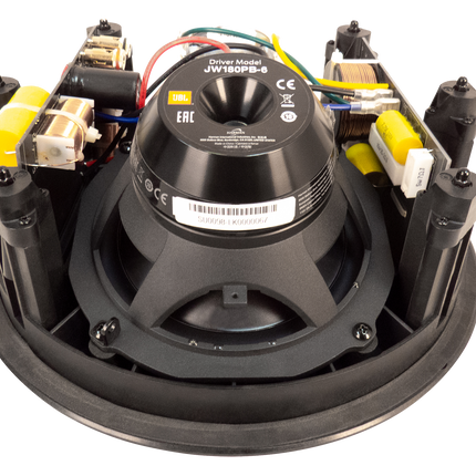 Woofer-ul boxei JBL Synthesis SCL-5 vazut din spate, cu eticheta JW180PB-6 si marcajele CE si EAC