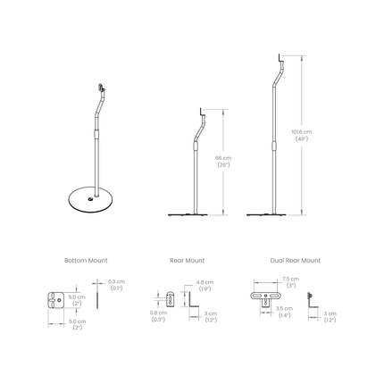 Desen tehnic Kanto Audio SLH: înălțimi de 66 și 101,6 cm și cele trei suporturi de prindere