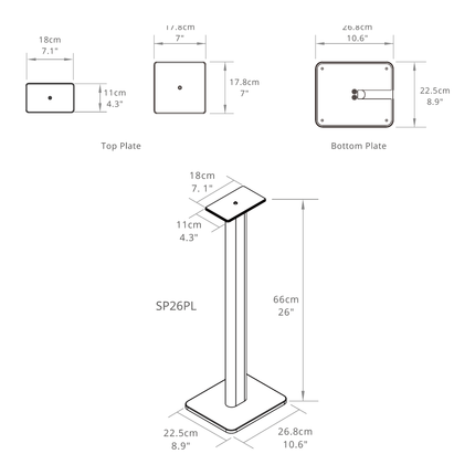 Desen tehnic Kanto Audio SP26PL: dimensiunile plăcilor și înălțimea de 66 cm