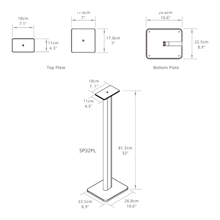 Desen tehnic Kanto Audio SP32PL: dimensiunile plăcilor și înălțimea de 81,3 cm