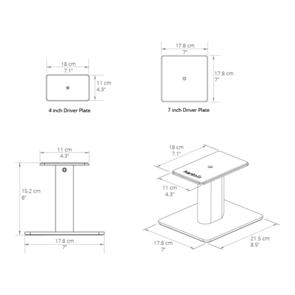 Desen tehnic Kanto Audio SP6HD: înălțimea de 15,2 cm și cele două plăci superioare