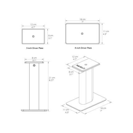 Desen tehnic Kanto Audio SP9: înălțimea de 21 cm și cele două plăci superioare