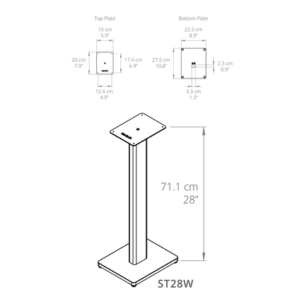 Desen tehnic Kanto Audio ST28: dimensiunile plăcilor și înălțimea de 71,1 cm
