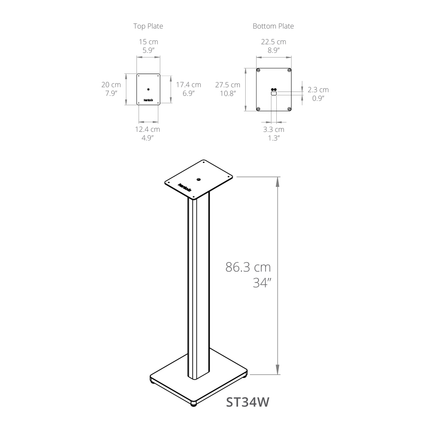 Desen tehnic Kanto Audio ST34: dimensiunile plăcilor și înălțimea de 86,3 cm