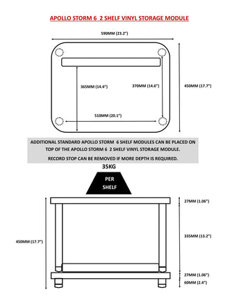 Rack Hi-Fi Atacama Apollo Storm 6 Two Shelf Vinyl Storage Module, Premium Black Edition, 60cm latime, variante culori - White Legs / Black Legs