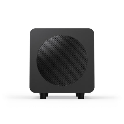 Subwooferul Kanto Audio SUB6 negru mat, văzut din față, cu grila rotundă perforată