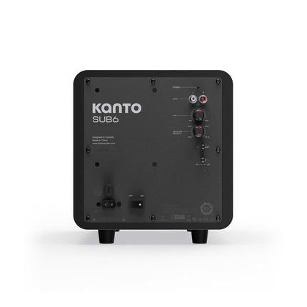 Spatele subwooferului Kanto Audio SUB6 negru mat, cu intrările RCA și reglajele