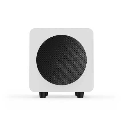 Subwooferul Kanto Audio SUB6 alb mat, văzut din față, cu grila rotundă perforată