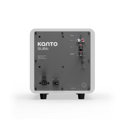 Spatele subwooferului Kanto Audio SUB6 alb mat, cu intrările RCA și reglajele