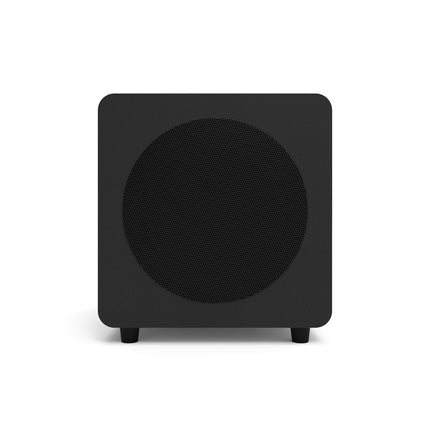 Subwooferul Kanto Audio SUB8 negru mat, văzut din față, cu grila rotundă perforată