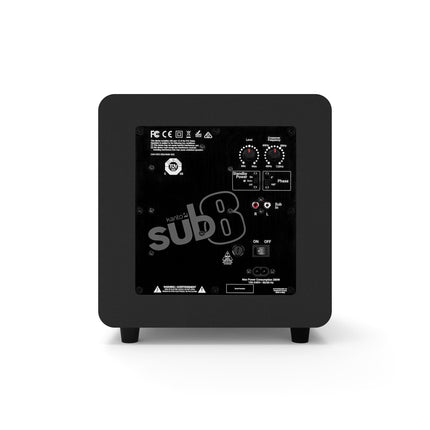 Spatele subwooferului Kanto Audio SUB8 negru mat, cu intrările RCA și reglajele