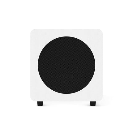 Subwooferul Kanto Audio SUB8 alb mat, văzut din față, cu grila rotundă perforată