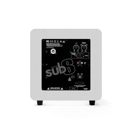 Spatele subwooferului Kanto Audio SUB8 alb mat, cu intrările RCA și reglajele