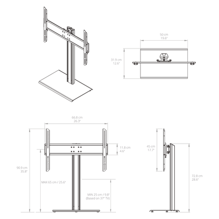 Desen tehnic Kanto TTS100 cu cote: bază de 50 × 31,9 cm, înălțime reglabilă 25–65 cm