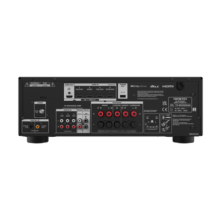 Panoul din spate al receiverului Onkyo TX-SR3100, cu patru intrari HDMI si terminal de antena DAB/FM