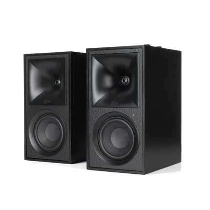 Perechea Klipsch The Fives in Negru mat, fara grile, cu pavilionul Tractrix deasupra woofer-ului