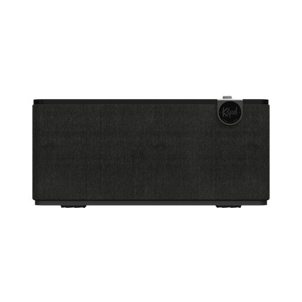 Vedere frontala a boxei Klipsch The One Plus in finisaj Ebony, cu grila textila antracit si medalionul Klipsch